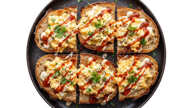 Gourmet scrambled eggs on sourdough toast with spicy sriracha and mayo drizzle, healthy breakfast bruschetta on black plate, savory morning meal