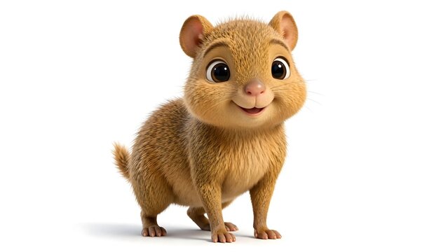Adorable full body baby agouti with soft brown fur and smiling expression in a realistic 3D animated style isolated on a white background.