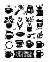 Obraz premium Cozy coffee and potted plants doodles with cups, coffee grinder, and latte art