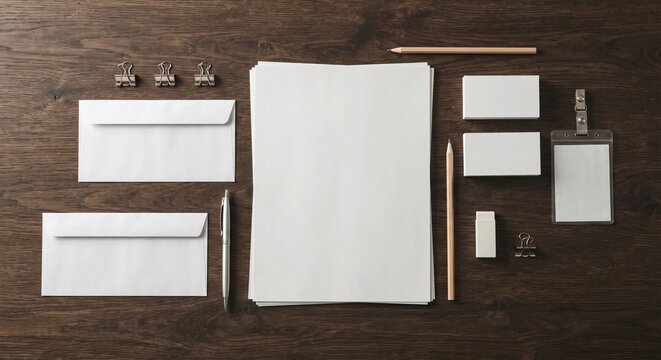 Top down flat lay of a blank stationery and branding identity mockup set with paper sheets, envelopes, business cards, and pens on dark wood.