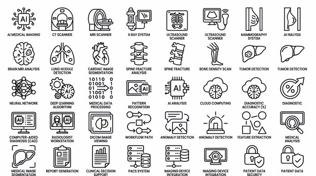 Set of medical artificial intelligence and diagnostic imaging icons