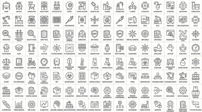 Set of 100 thin line icons for pharmaceutical manufacturing and laboratory