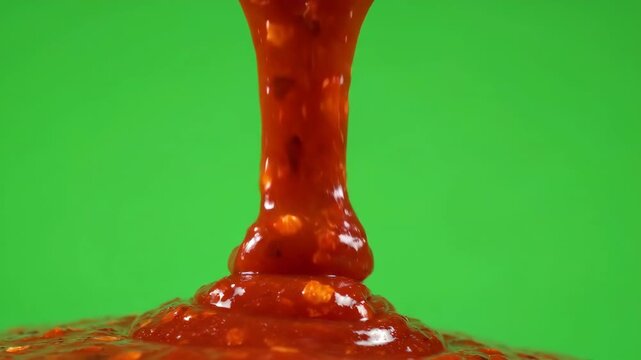 Thick spicy red chili sauce dripping slowly against a bright green screen background for easy keying and food composition
