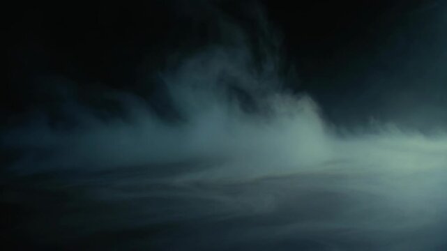 Mysterious fog swirling in dark scene, atmospheric style on shadowy background, concept of mystery and unknown