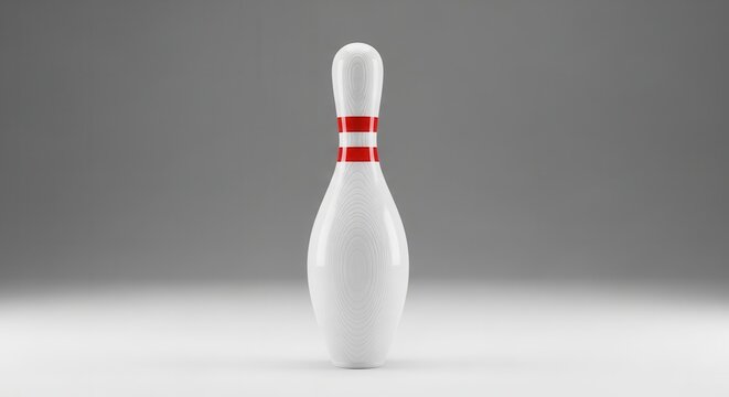 Single White Bowling Pin with Red Stripes on Gray Background