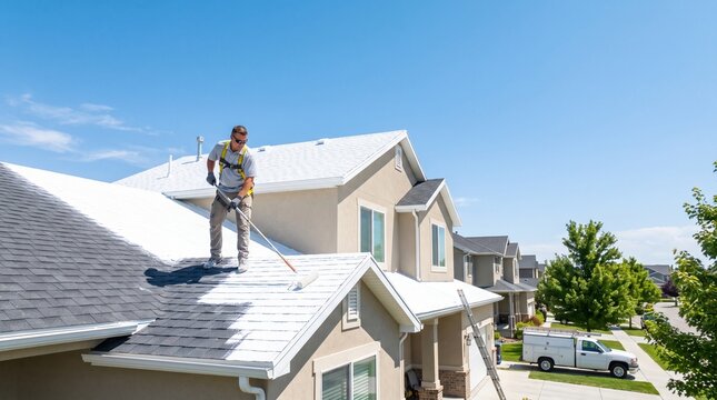 Worker painting residential roof with white reflective coating