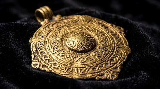 Golden ornate circular pendant with intricate knotwork on velvet