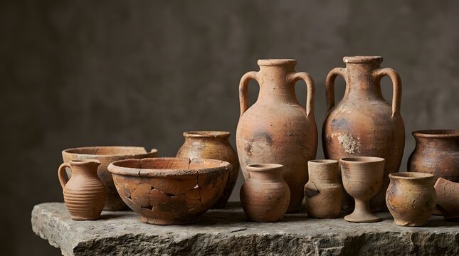 Collection of ancient terracotta pottery and vessels on a stone surface