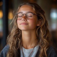 Fototapeta premium Young Woman with Glasses Closing Her Eyes and Smiling Peacefully in a Calm Indoor Setting