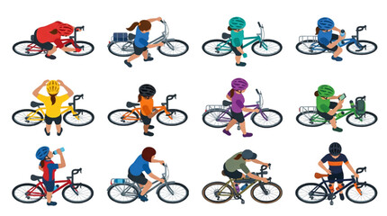 Obraz premium Top View Cyclists Riding Bicycles Architectural Entourage Vector Set