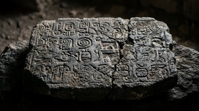 Broken ancient stone tablet with primitive carvings