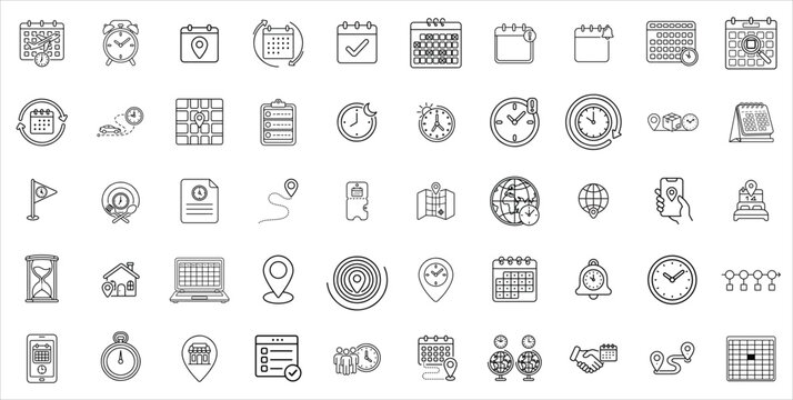 Minimalist time and calendar line icons, set of 50 business planning vector symbols, productivity and scheduling outline elements for web design