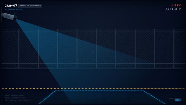 AI security camera HUD interface detecting intruder motion at industrial perimeter fence at night