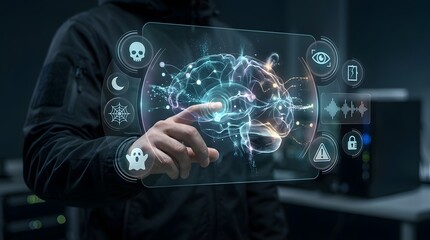 Fototapeta premium Cybersecurity specialist analyzing digital brain interface