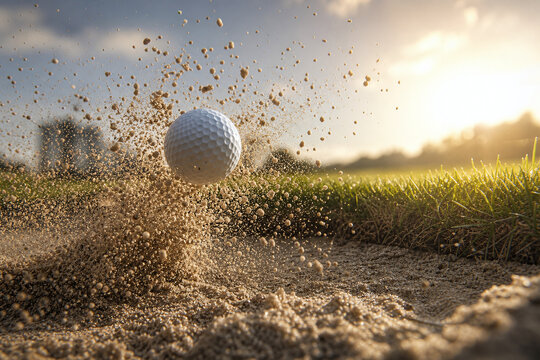 Golf ball exploding from sand bunker at sunset