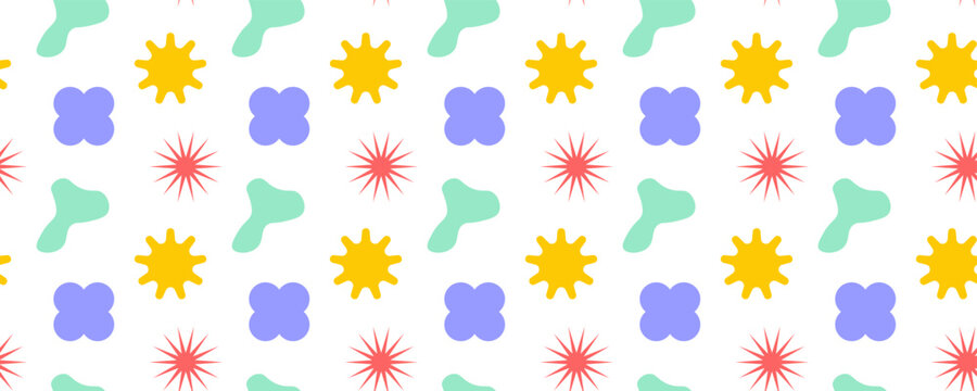 Abstract seamless pattern with colorful organic shapes, rounded flowers and starburst elements on transparent background for textile, packaging and graphic design