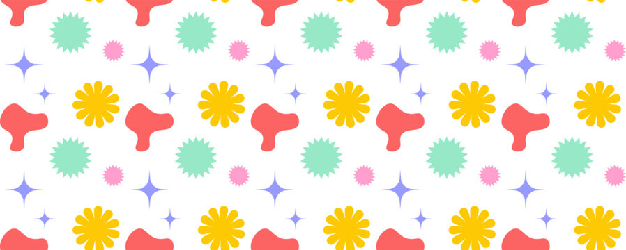 Abstract seamless pattern with colorful organic shapes, floral bursts and sparkling stars on transparent background for textile, packaging and graphic design