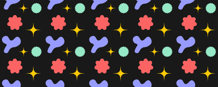 Abstract seamless pattern with colorful organic shapes, scalloped circles and sparkling stars on black background for textile, packaging and graphic design