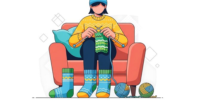Woman Knitting Socks.