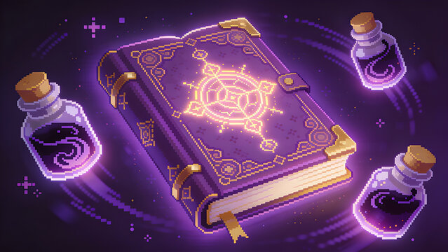 Magical purple spell book glowing with gold arcane symbols surrounded by hovering glass vials of dark enchanted potion