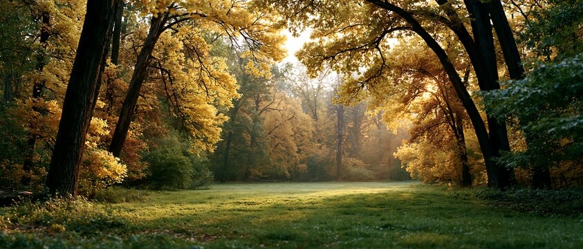 Sunlit autumn park with golden trees and green meadow creating a peaceful seasonal landscape background with copy space for banners and advertising