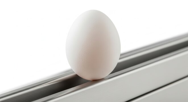 White Egg Balanced Precariously on Metal Rails Against a White Background.