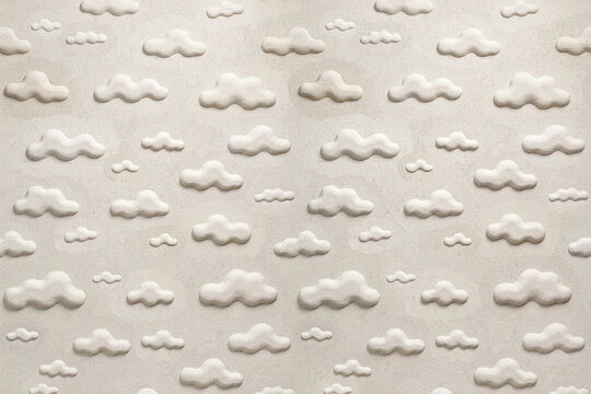 A repeating pattern of soft, puffy white clouds embossed on a light beige textured background, creating a gentle and whimsical atmosphere