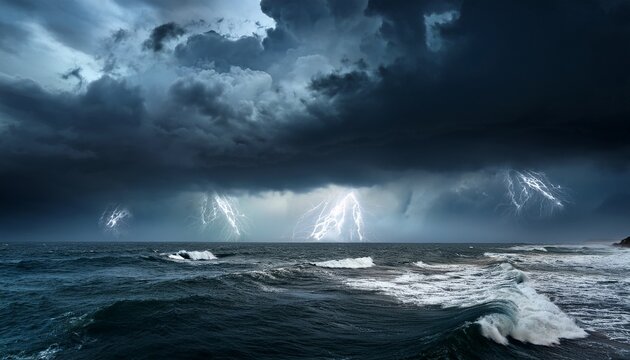 A Stormy Ocean With Dark Clouds And Lightning