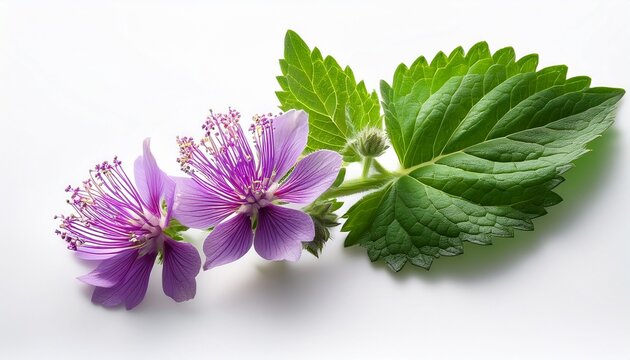 Patchouli Flower On A White Background A Single Patchouli Sprig With Vibrant Purple Flowers And Fresh Green Leaves On A Clean White Background