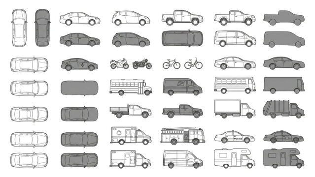 Architecture Vehicle CAD Symbols Collection, Car Transport Top View and Elevation Vector Set