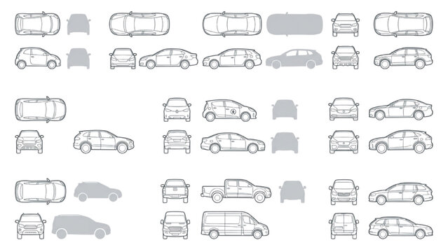 Architecture Car CAD Blocks Collection, Vehicle Elevation and Top View Vector Symbols