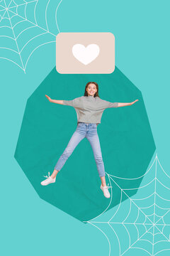 Poster image sketch vertical collage of happy blogger girl guy receive like reaction heart icon popular content social media