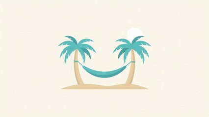Fototapeta premium Relaxing hammock strung between two palm trees on a sandy beach under a sunny sky.