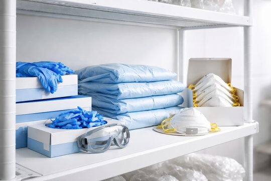 Essential medical personal protective equipment, including gloves, masks, and gowns, is neatly organized on white shelves. healthcare safety, hygiene, and critical supply chain management projects.