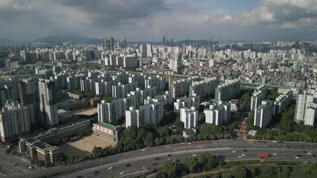 4K Drone of Surrounding Area of Gocheok Sky Dome Baseball Stadium and the Train Track Between Guro Station and Gasan Digital Complex Station