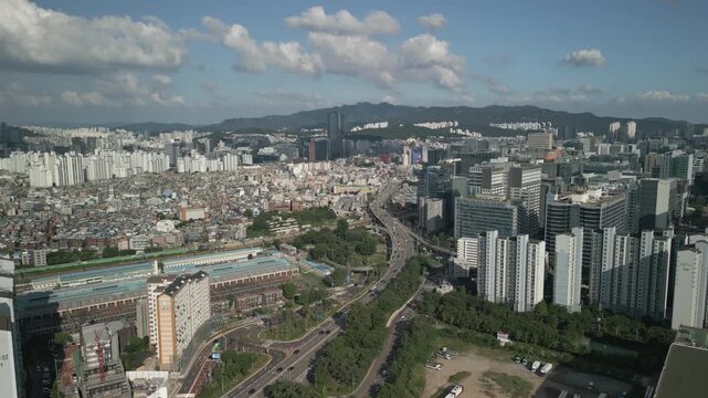 4K Drone of Surrounding Area of Gocheok Sky Dome Baseball Stadium and the Train Track Between Guro Station and Gasan Digital Complex Station
