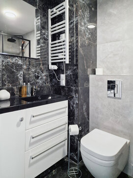 bathroom interior with toilet, sink and heated towel rail