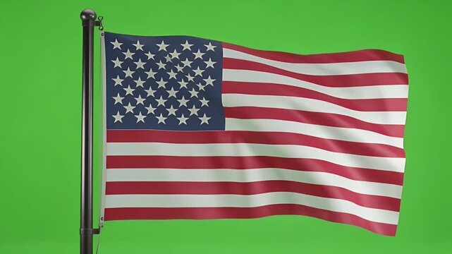 American flag waves proudly on a metal flagpole against a vibrant green screen background for easy post-production editing.