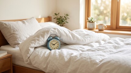 Fototapeta premium A cozy, sunlit bedroom with a neatly made bed, soft white linens, an alarm clock, and plants near a bright window.