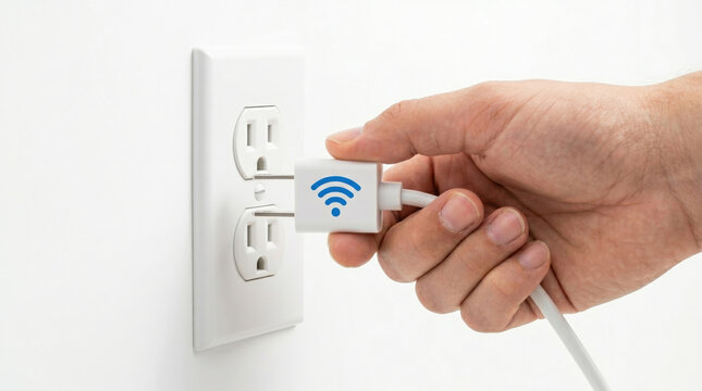 A hand plugging a white device with a Wi-Fi symbol into a wall power outlet.