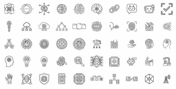 Artificial intelligence line icons set, 50 modern AI and machine learning vector symbols, neural network and robotic technology thin line signs