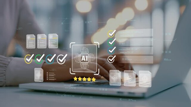 Businesswoman reviewing digital documents with animated artificial intelligence icon, enterprise software dashboard, intelligent workflow management, automated approvals and corporate productivity