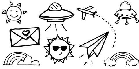 Hand drawn doodle set of various objects including suns, ufos, airplane, paper plane, envelope, and rainbows isolated on transparent background © wahhaj