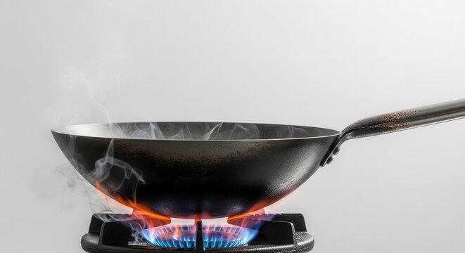 Wok cooking on a gas stove with visible flames and steam.