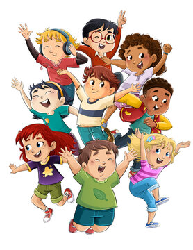 Grupo de ni&ntilde;os saltando alegremente, ilustraci&oacute;n aislada