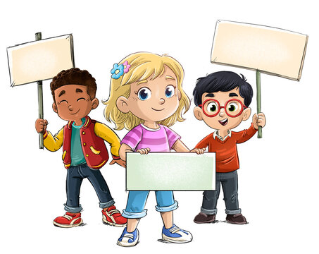 Grupo de tres ni&ntilde;os con pancartas, ilustraci&oacute;n infantil