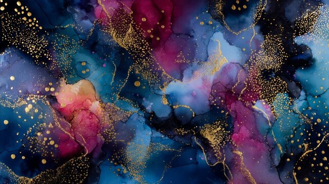Abstract fluid painting with gold highlights. AI generated