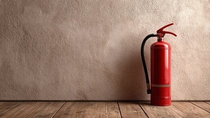 Obraz premium Red fire extinguisher against grey wall. AI generated