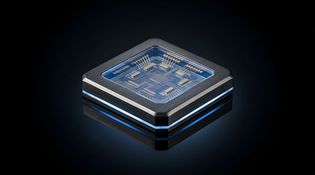 Hightech quantum processor chip module with glowing blue light edge