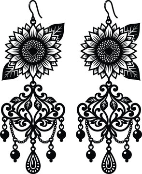 Black silhouette dangle earrings with sunflower and filigree charm drop earrings sunflower filigree silhouette accessory